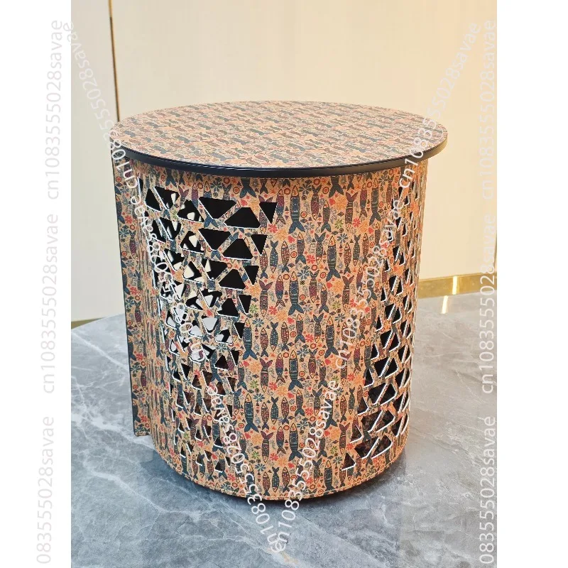 Round Movable Coffee Table Custom Color Double Frame Leather Hotel Cart
