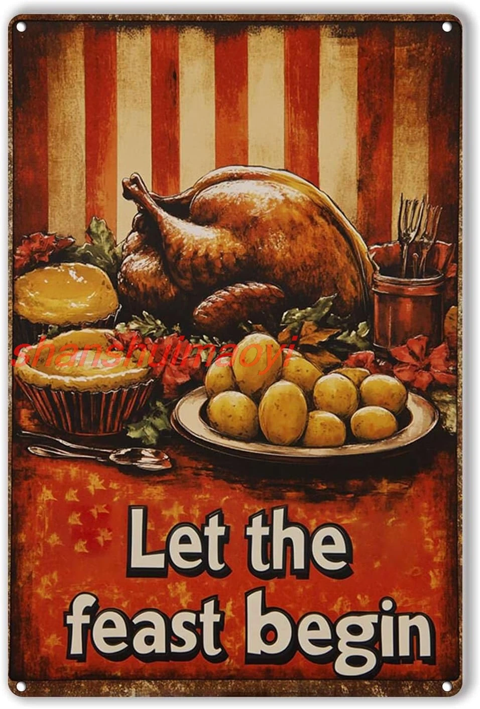 Sign Metal Aluminum Tin Sign Let the feast begin Happy Thanksgiving Day Tin Sign, Retro Metal Tin Sign Iron Paintings Decor