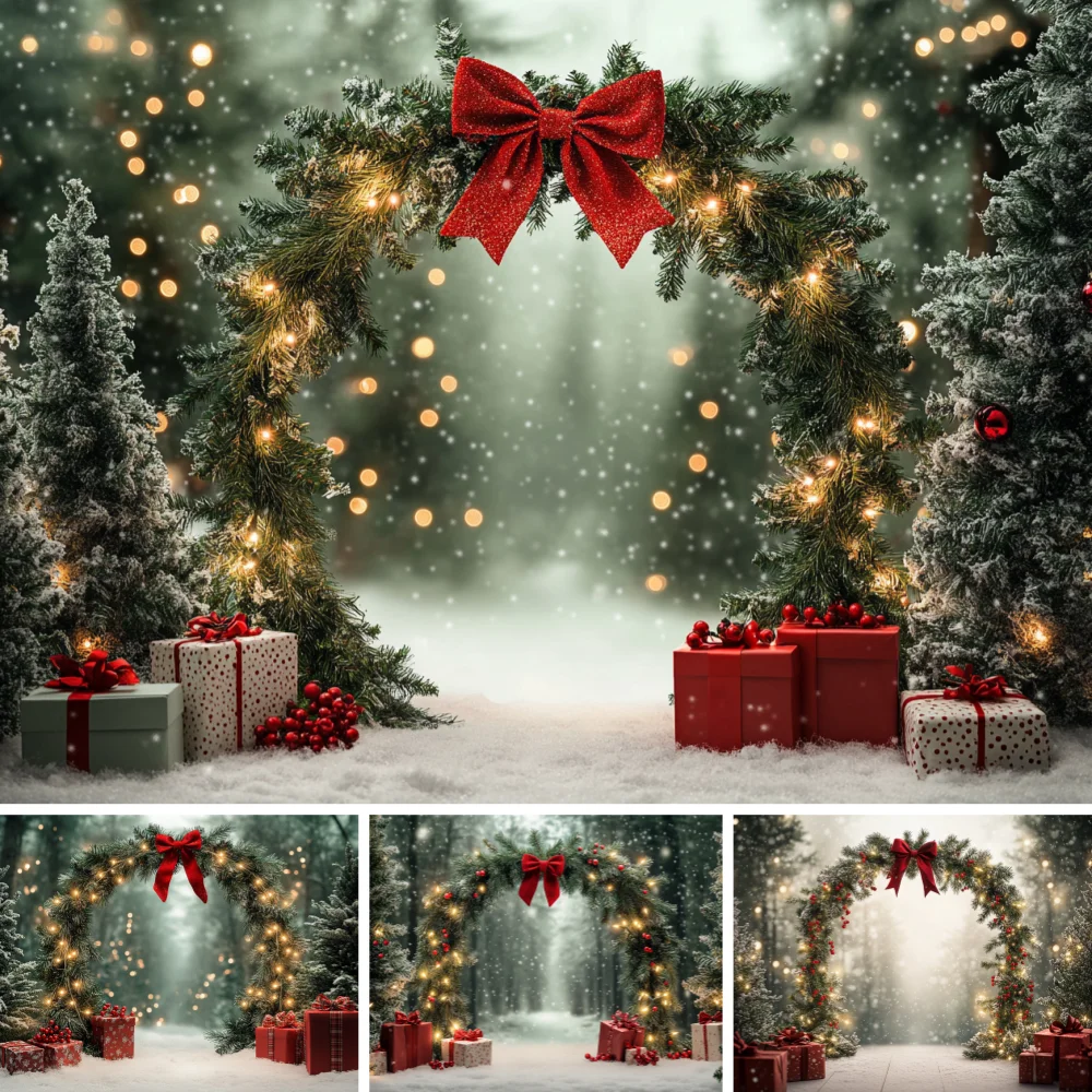 Snowy Forest Xmas Arch Backdrop Red Bow Pine Tree Gift Lights For Family Baby Holiday Portrait Studio Photo Background Cloth
