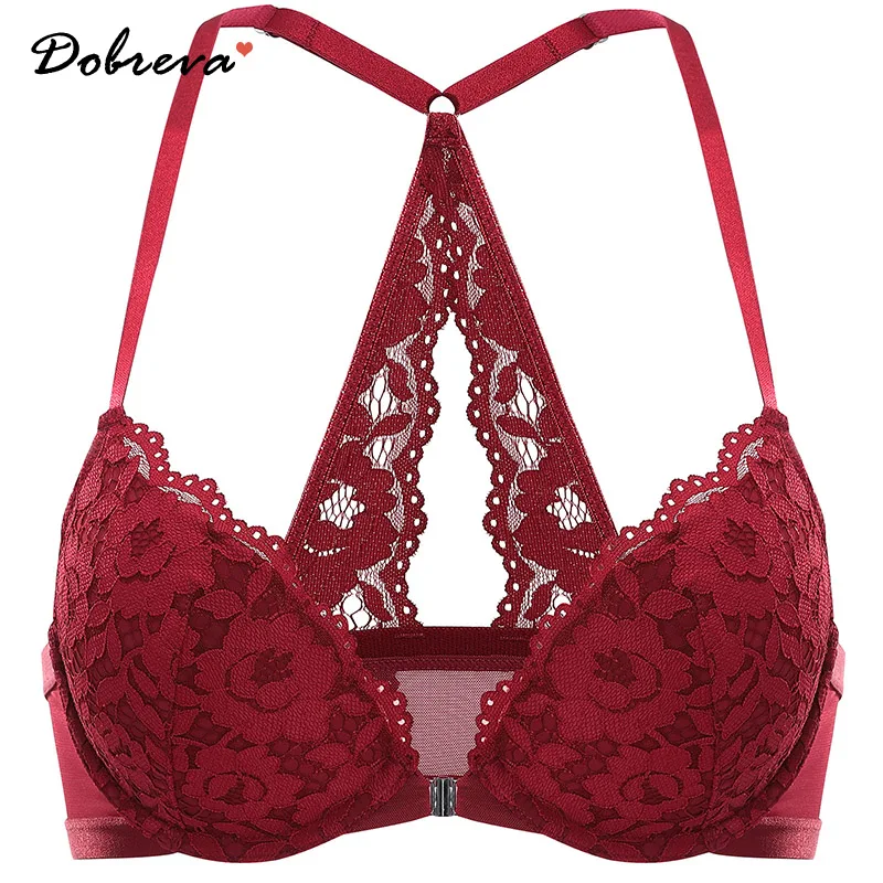 

DOBREVA Women's Push Up Bra Racerback Front Closure Bras Lace Padded Underwire Plunge Floral Bralette