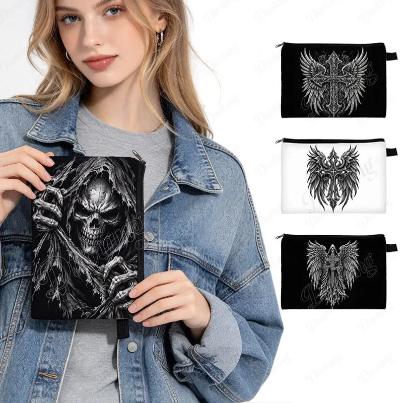 Gothic Cross Wing Patten Cosmetic Case Heavy Metal Grim Reaper Skull Makeup Bag Lipstick Phone Storage Bag Women Zipper Pouch