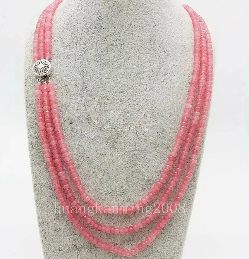 Women's 3Rows 2x4mm Natural Pink Jade Faceted Gems Beads Necklace 18-20'' AAA