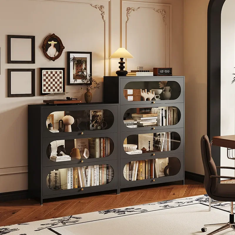 For Steel Bookcase with Glass Door Antique Wrought Iron Display Cabinet Dust-proof Children's Bookshelf Home Living Room