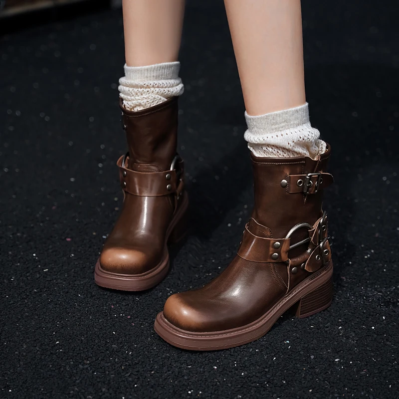 2024 New Sexy Retro Women Ankle Boots Thick Heels Buckles Motorcycle Boots High Autumn Winter Punk Party Dance Shoes Woman Boots