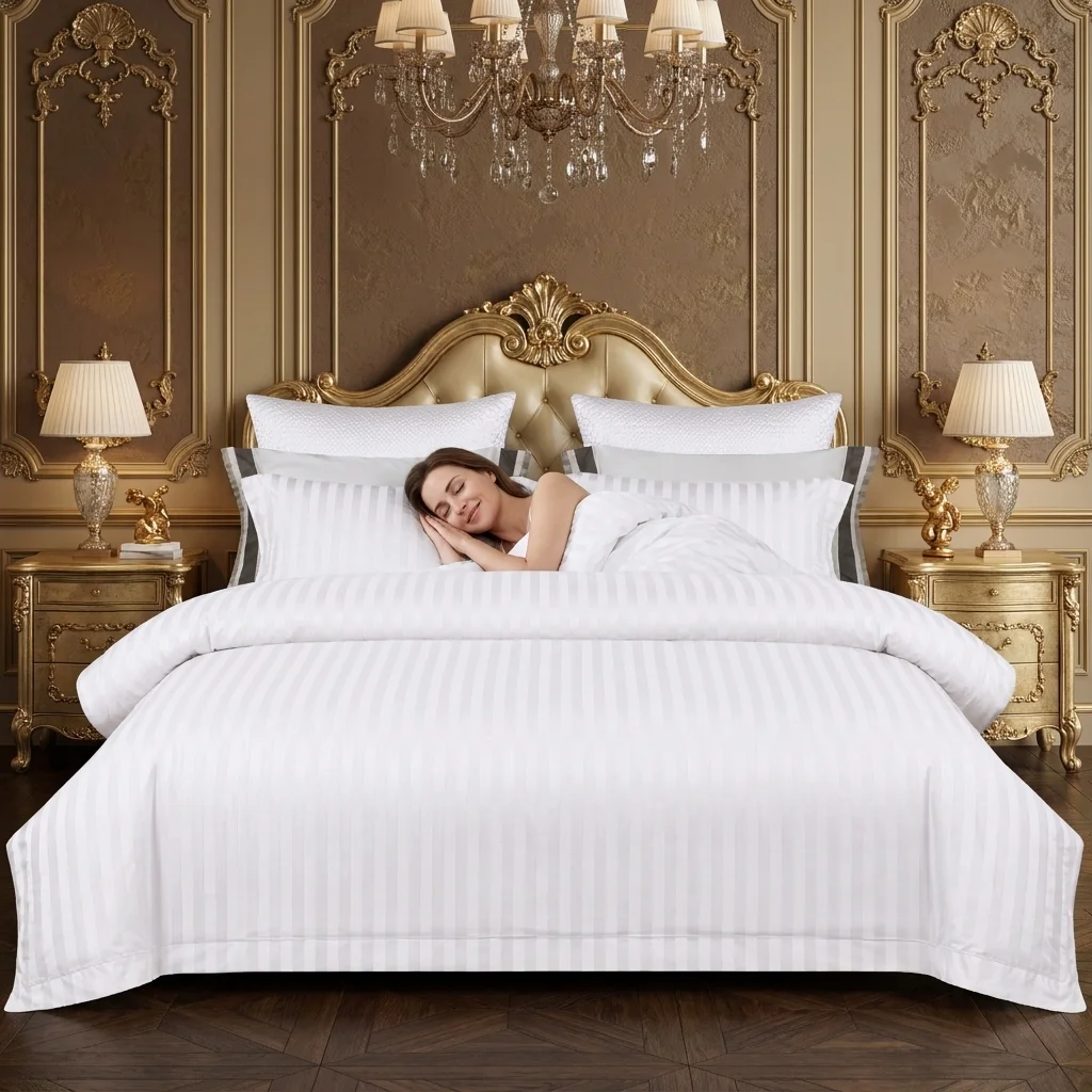 2/3Pcs Hotel‑Style Pure Cotton Bedding Set, 3cm Wide Satin Stripe Duvet Cover with Pillowcases, Skin‑Friendly Breathable Comforter Cover for Home Bedroom