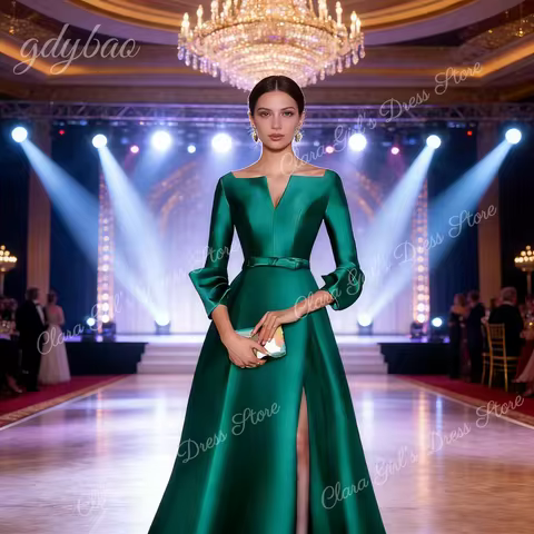 Emerald Green Satin Formal Dresses for Women A Line Elegant Evening Gowns Long Side Split V Neck Belt Evening Dress