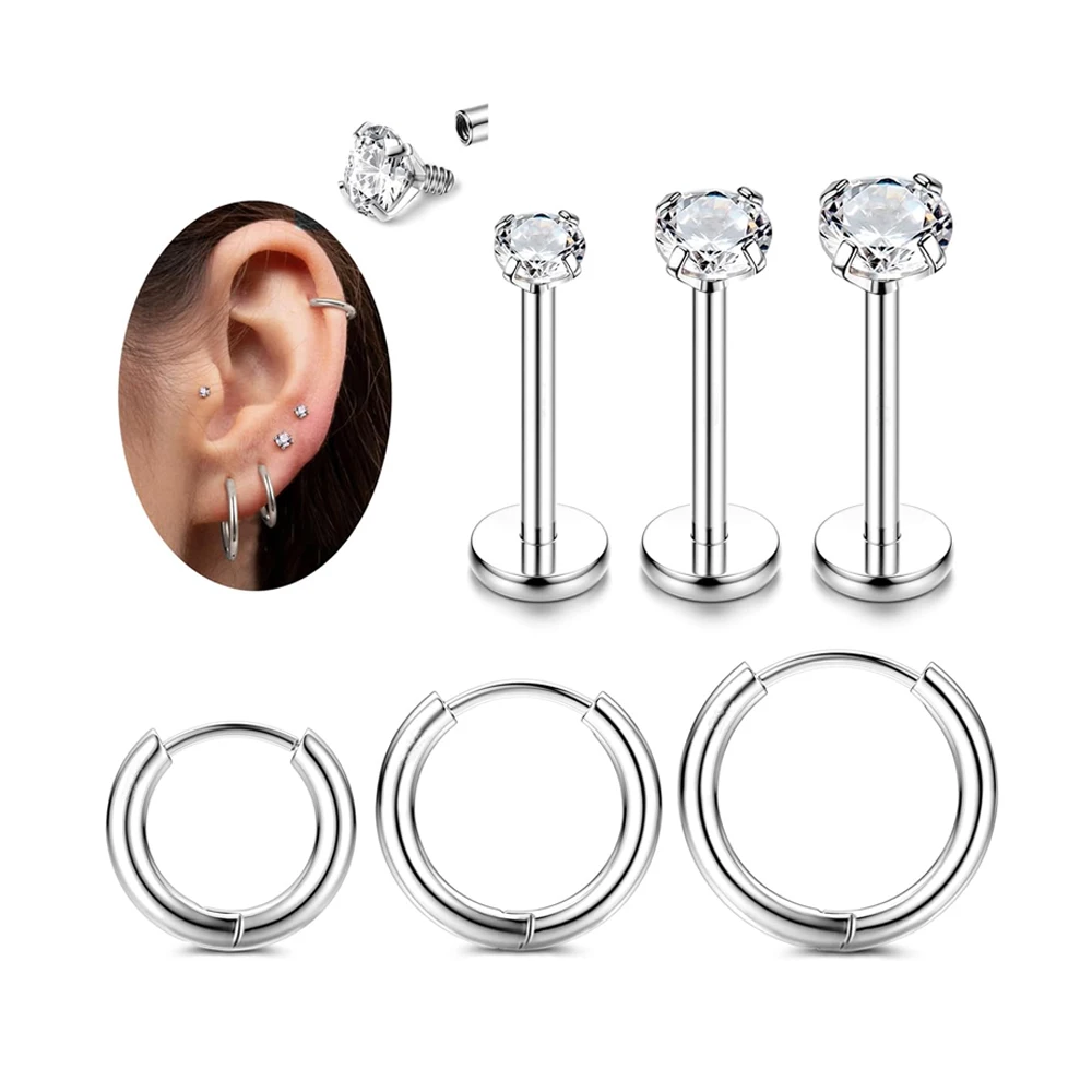 1/6pcs 18G 16G Stainless Steel Internal Threaded CZ Labret Lip Tragus Stud Piercing Jewelry Nose Rings Hoop Cartilage Earrings