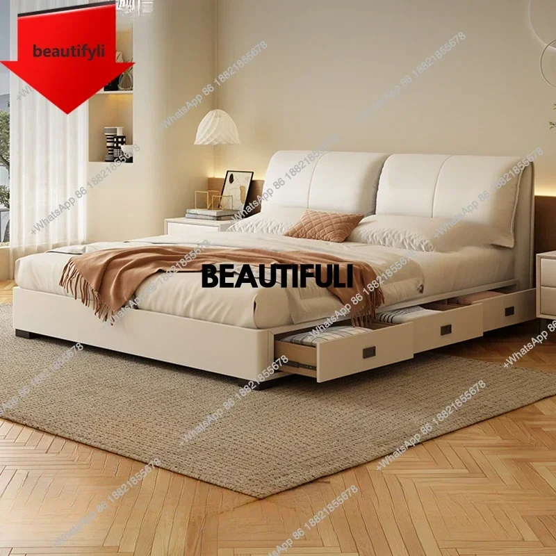 

Q181 Cream Leather Double Bed Storage White Drawers Italian Modern 180X200 Cm Bed BedroomHotel Villa Cama De Casal Furniture Hom