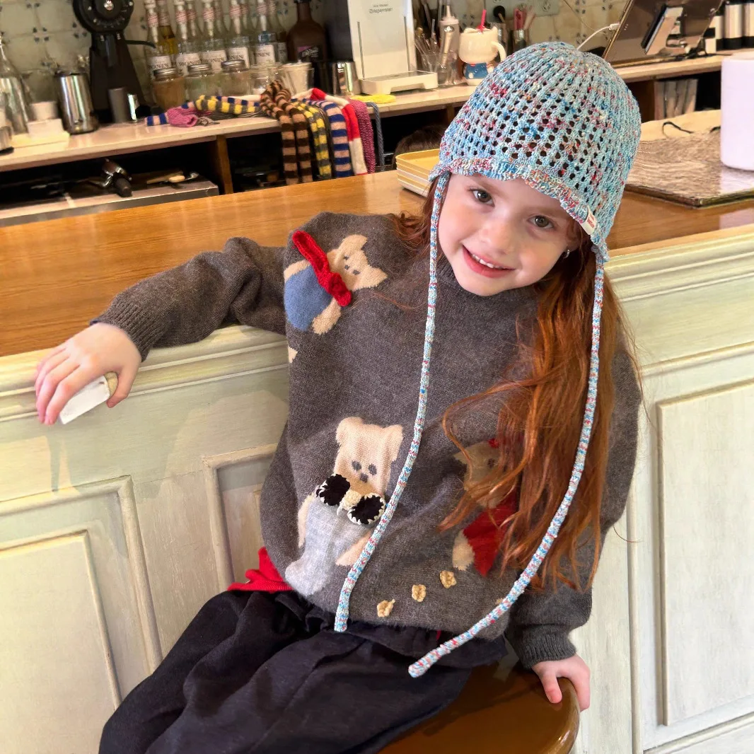 

Girls Sweater 2025 Autumn New Children's Clothing Korean Style Girl Baby Retro Cartoon Raccoon Pullover Long-sleeved Sweater