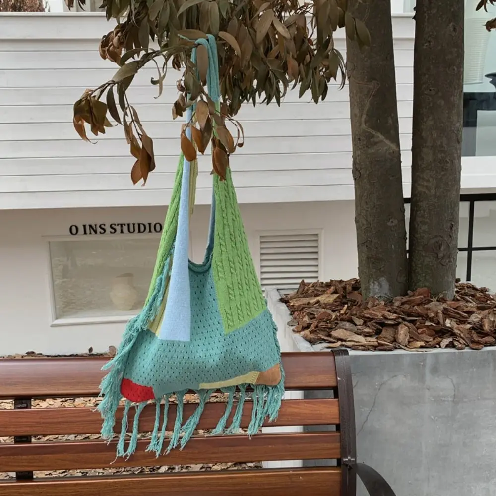 

Sweet Casual Hollow Crochet Bag Patchwork Chic Knitted Tassel Shoulder Bag Retro Leisure Commuting Tote Bag Girls