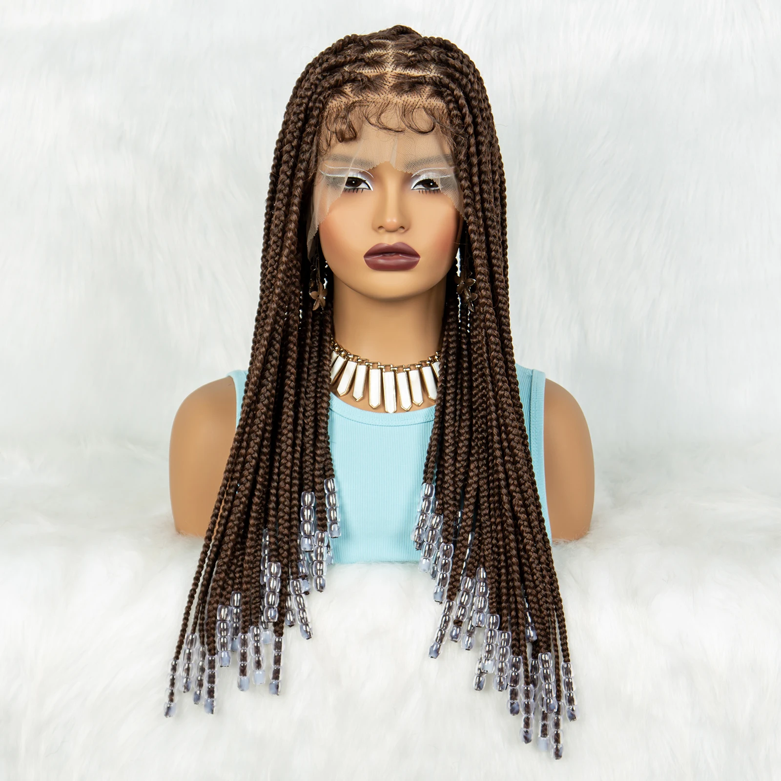 Perruque Full Lace Wig tressée avec perles pour femme, perruques synthétiques, sans nœuds, cheveux de bébé