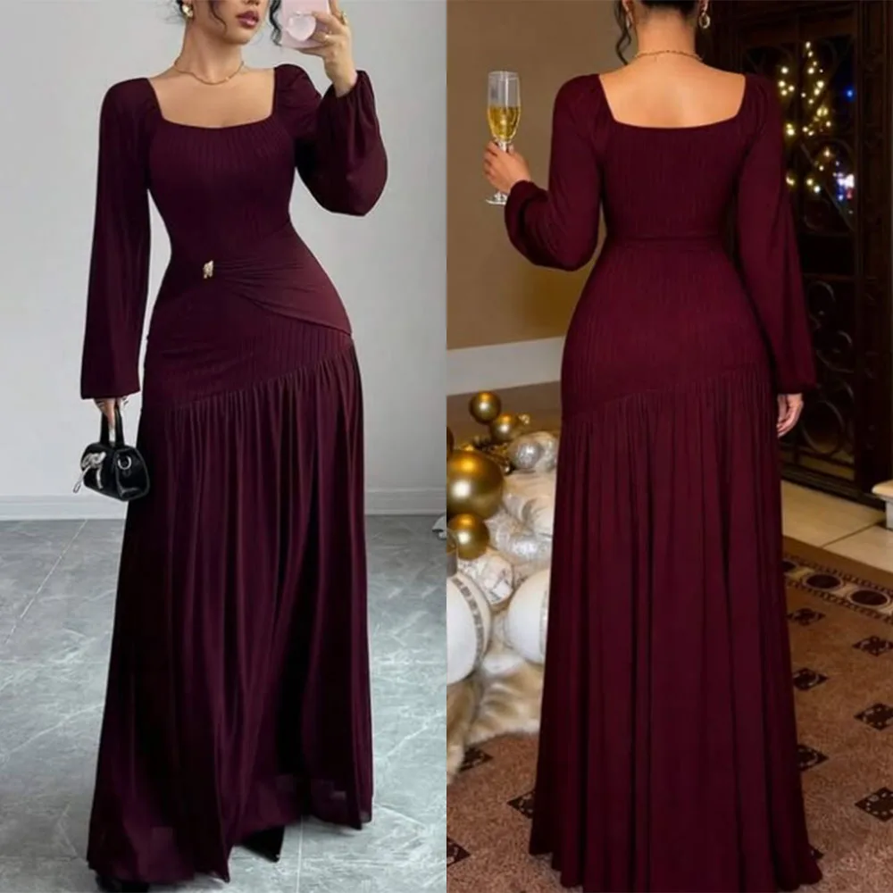 

Высокое качество по индивидуальному заказу квадратный воротник с длинными рукавами длиной до пола, красные длинные платья со складками Kleider Damen, элегантные вечерние платья فستان