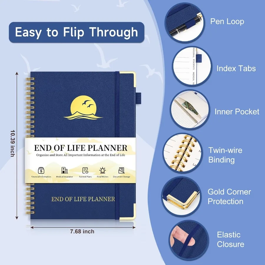 End of Life Planner Estate Planning Organizer with Tabs for Senior Spiral Funeral Planning Book with Large Font Gold Corner Gua