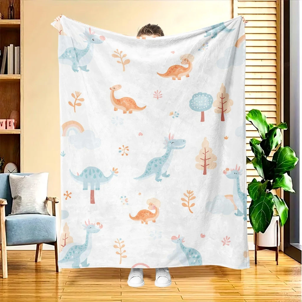 Cream White Base Soft Watercolor Dinosaur Tree Rainbow Full Print Fluffy Throw Blanket, Warm Soft Couch Little Kids Home Gift