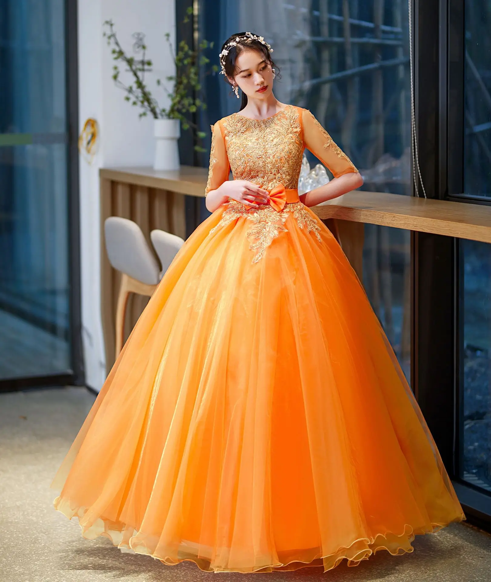 Vestidos de quinceañera naranja, lazo dulce de 16 años, fiesta de graduación, Vintage, largo hasta el suelo, lentejuelas, vestido de baile, bordado de encaje, Media manga