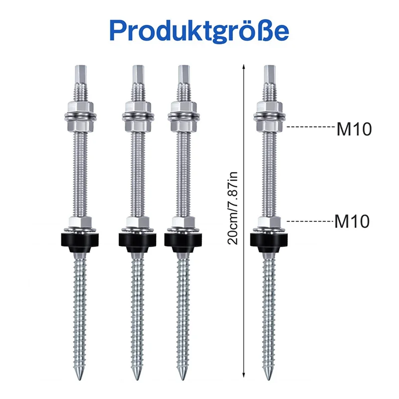 Hanger Bolts, M10 X 200 Mm, Pre-Assembled, V2A, Height-Adjustable, for Photovoltaic Solar Mounting Roofs, Set Of 4