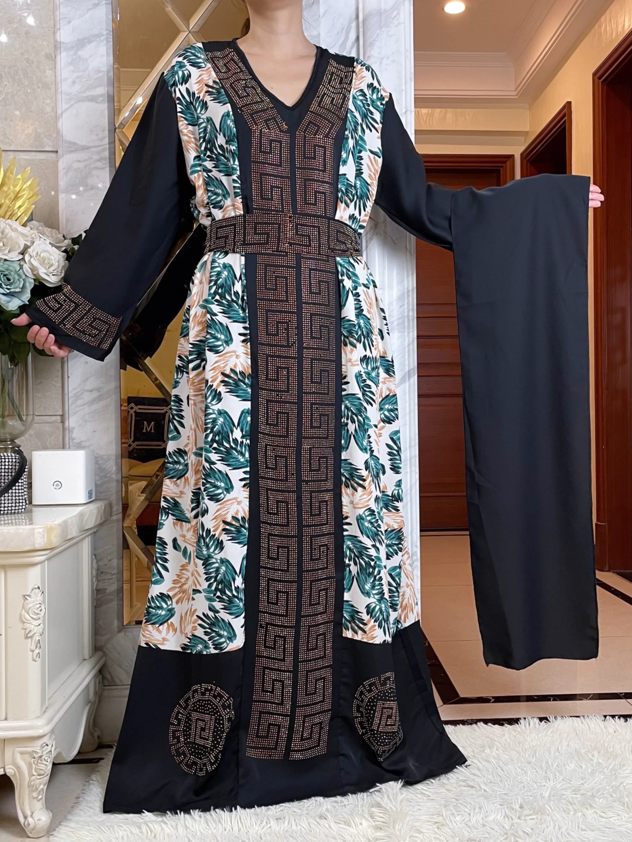 2023African Dresses For Women Autumn  Long Sleeve V-neck With Belt and Scarf  Abaya Robe Ramadan Prayer Diamonds Islamic Clothes