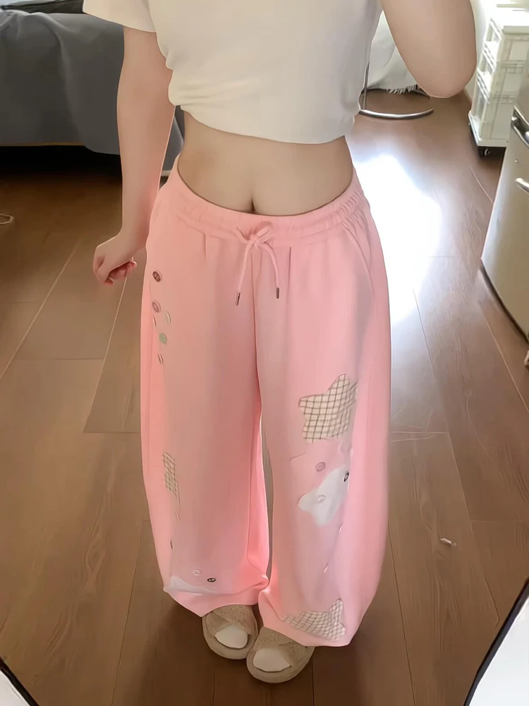 

Dopamine Pink Star Patch Wide Leg Pants Women Summer Design Sense Button Loose Slimming Casual Floor-Length Trousers
