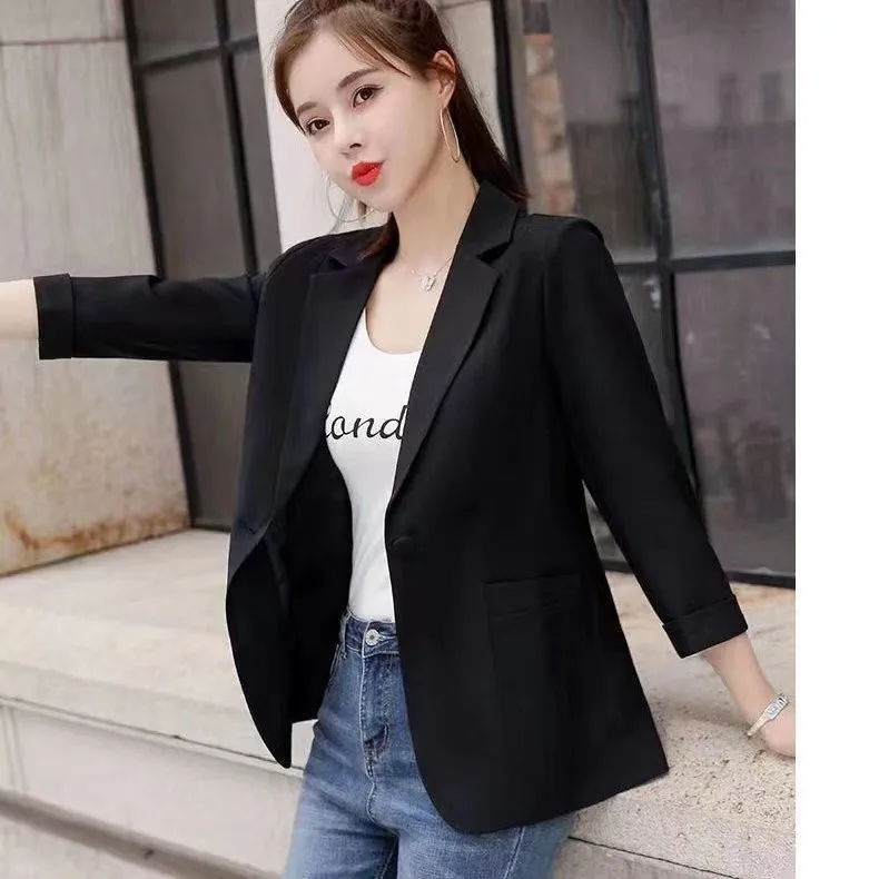 Spring and summer Women's Solid Color Suit Collar Button Loose Fit Medium Sleeve Coat Fashion Elegant Commuter Topss