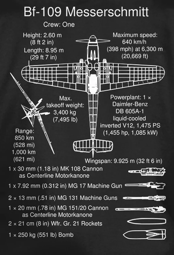 WWII German Messerschmitt Bf 109 Fighter Infographics T-Shirt New 100% Cotton Short Sleeve O-Neck T-shirt Casual Mens Top