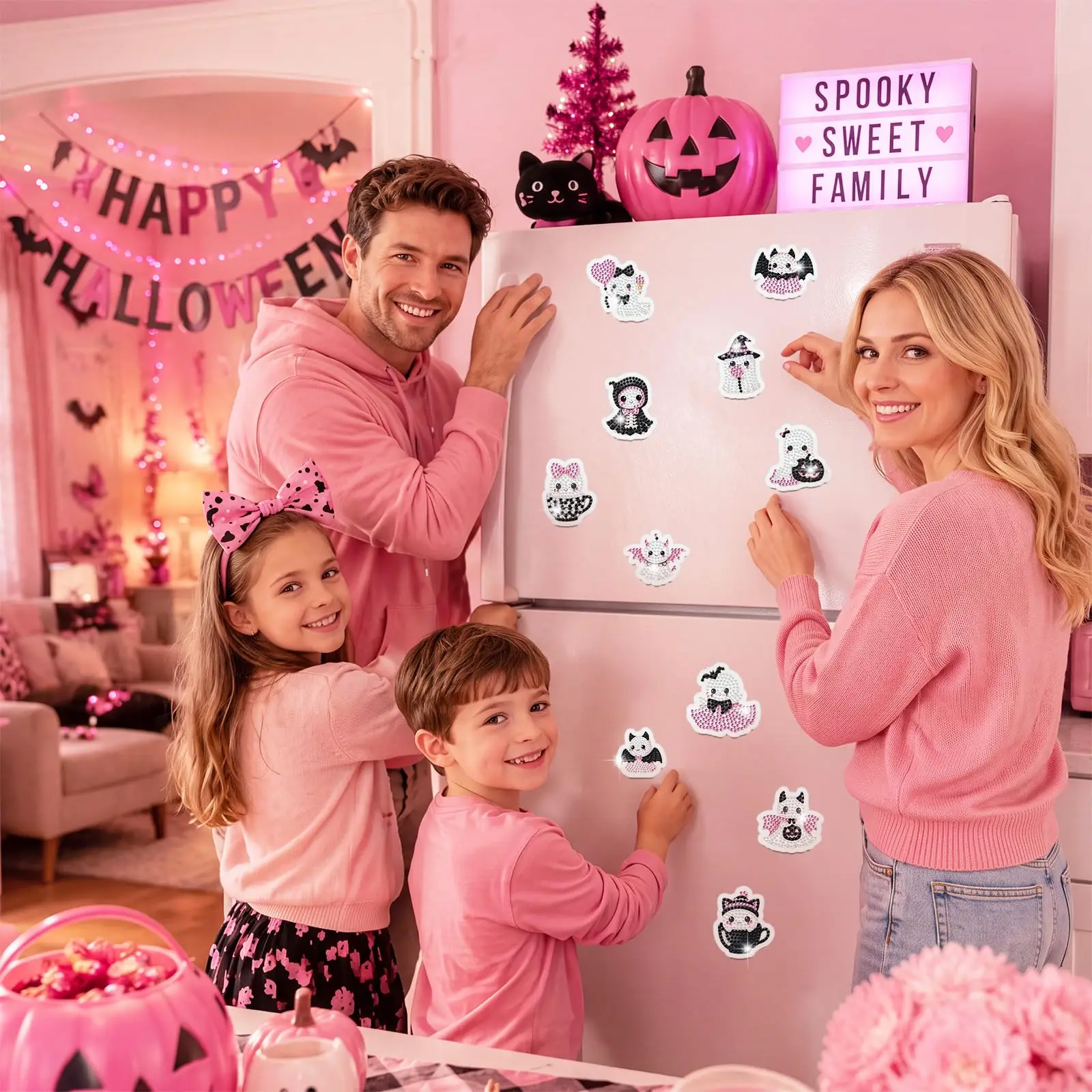 30 Pcs Halloween Diamond Art Magnet, Pink Ghost Diamond Painting Halloween Fridge Magnet Decor, DIY Magnetic Diamond Painting Crafts Stickers Kits for Adults, Bulk Gifts, Holiday Decor