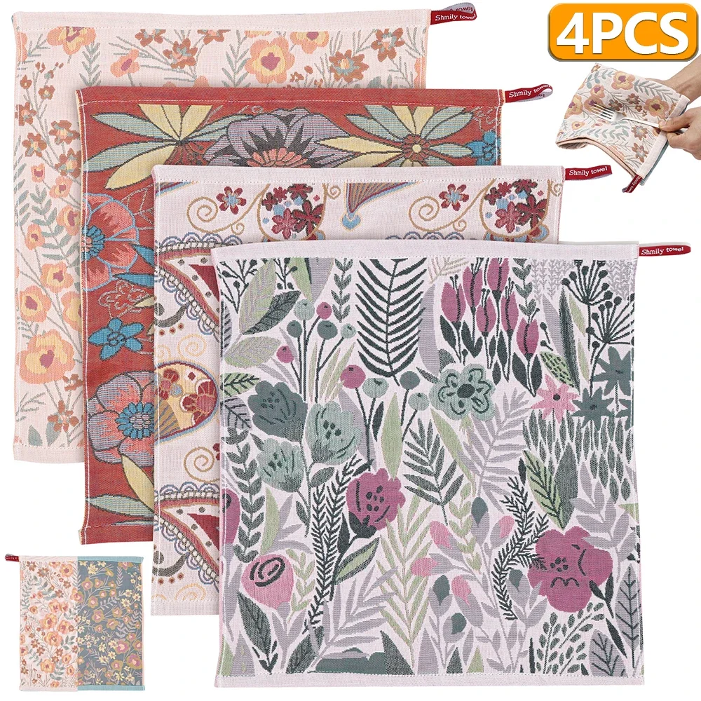 Paños de Cocina de Algodón Absorbentes, 4 Piezas, con Lazo para Colgar, 38x40CM, Doble Cara, Paño de Limpieza para el Hogar