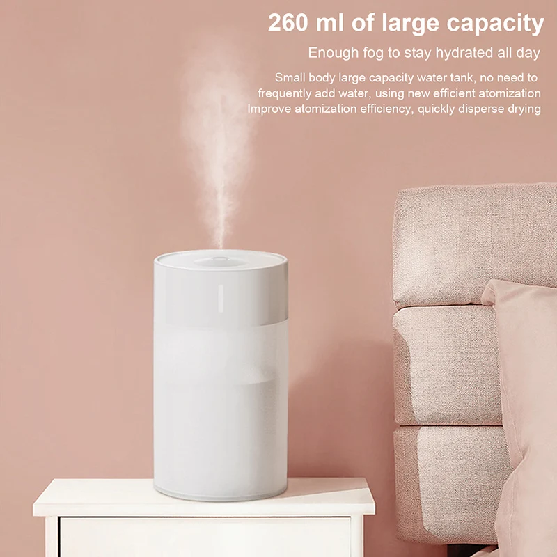 Humidificador de aire portátil de 260ml, minidifusor de aceite aromático, pulverizador de niebla fría USB con luz nocturna suave colorida para el