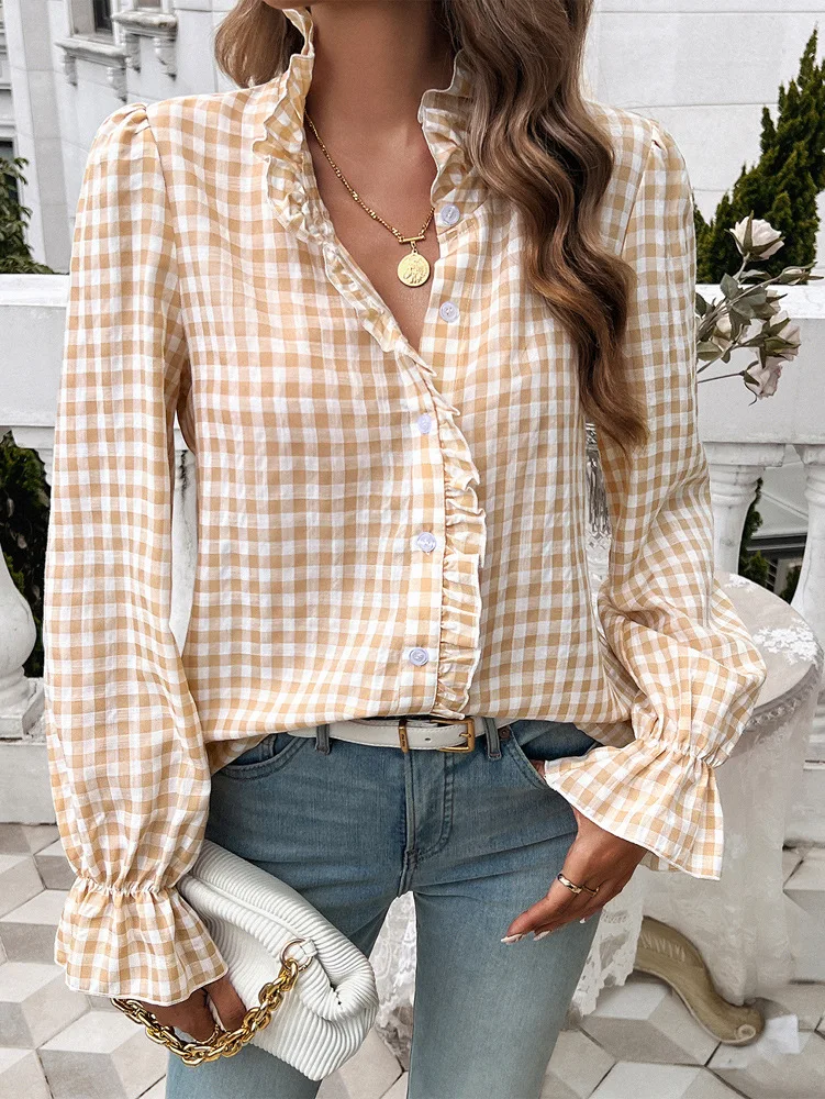 Hemd Frauen Vintage Top Bluse Plaid Druck Rüschen Einreiher Schmetterling Hülse Frühling Sommer Büro Dame 2025, Oberhemd