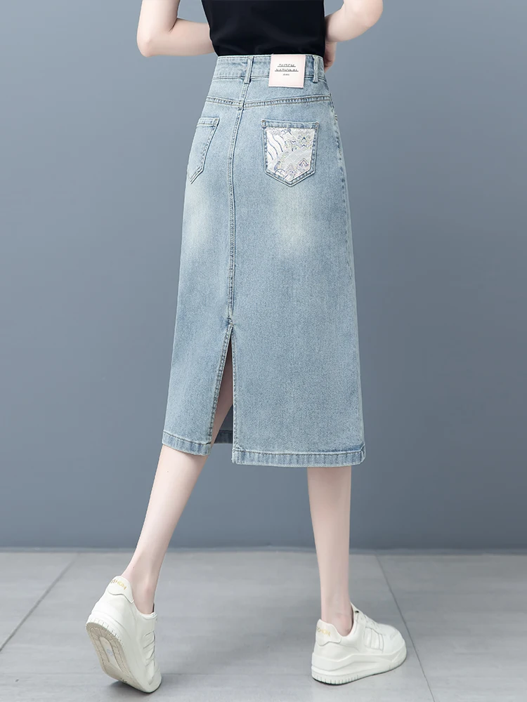 

High Waist Slit Mid-Length Slimming Bodycon Half-Length Skirts Women's Summer New Style Chinese Style Denim Skirt