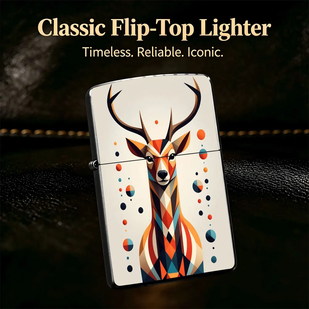 Pocket Lighter, Flip-Top Windproof Design, Metal Shell, Laser-Engraved Geometric Deer Art, Ergonomic Grip, Compact & Durable, Ideal for Daily Use and Outdoor Adventures
