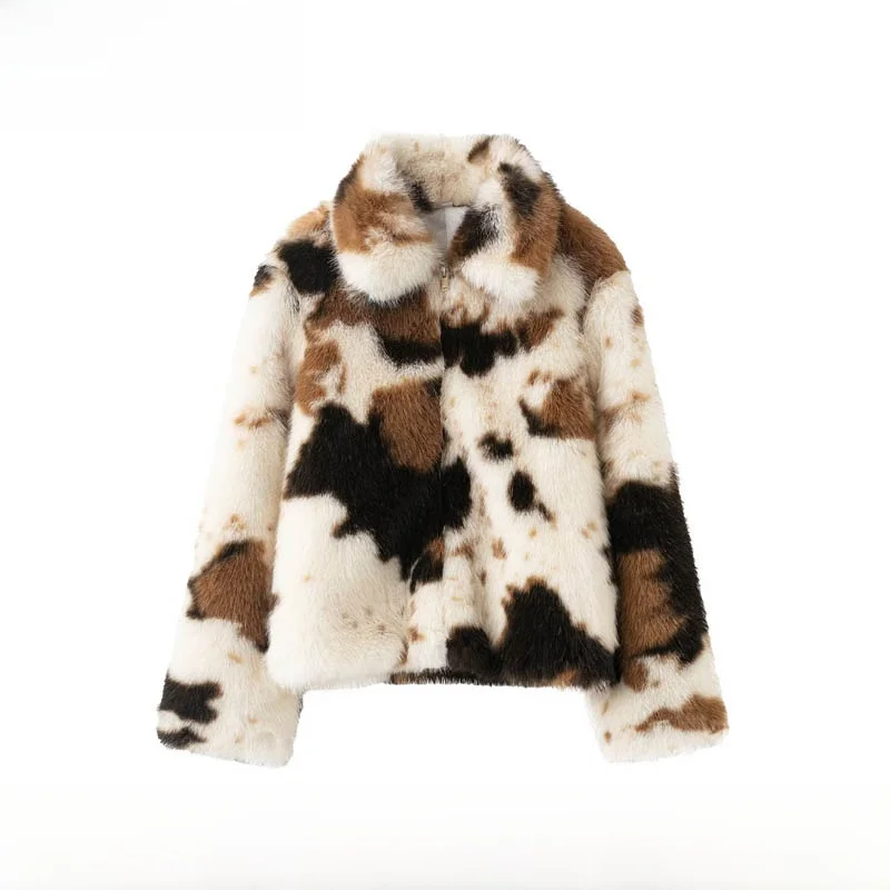 

Модное женское пальто с эффектом искусственного меха и животным принтом ZR Sle, осенне-зимняя новинка, теплое, из полиэфирного волокна