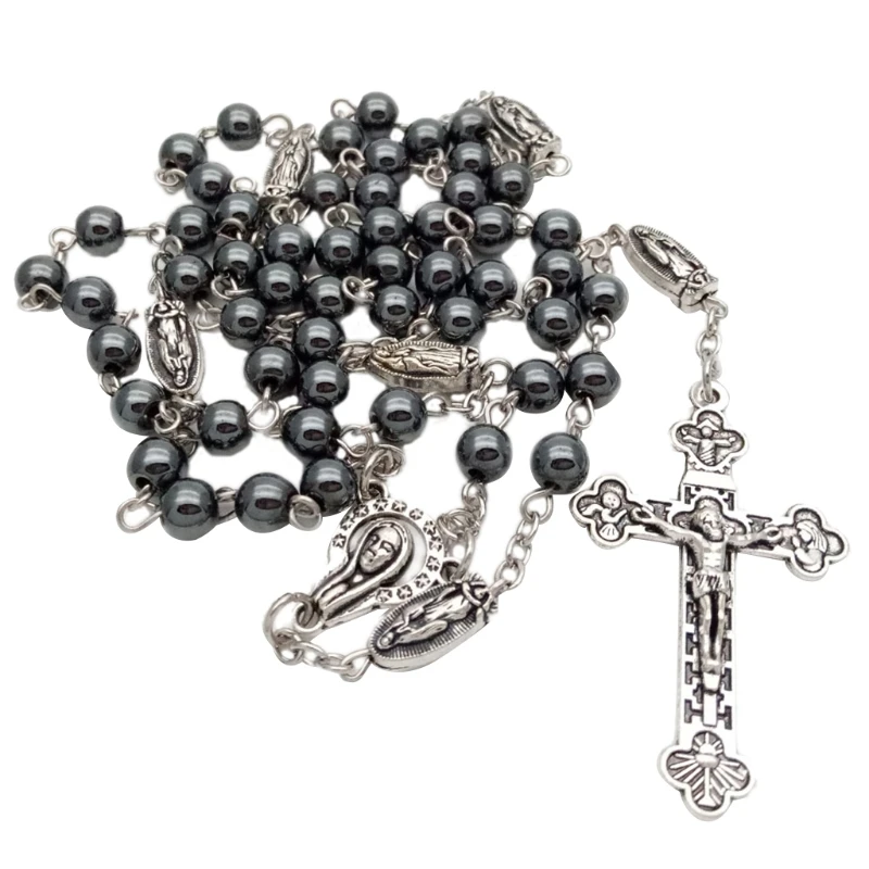 Vintage Religion Rosary Necklace Hematite Stone Round Beads Chain with Jesus for Cross Pendant Necklace Prayer Catholic