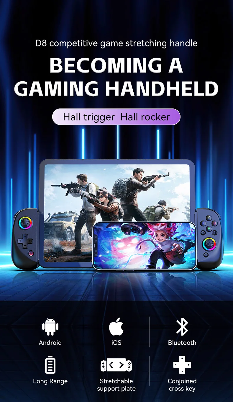 D8 tablet stretch gamepad Switch Mobile phone tablet game Blue-tooth telescopic gamepad RGB dazzling six-axis vibration