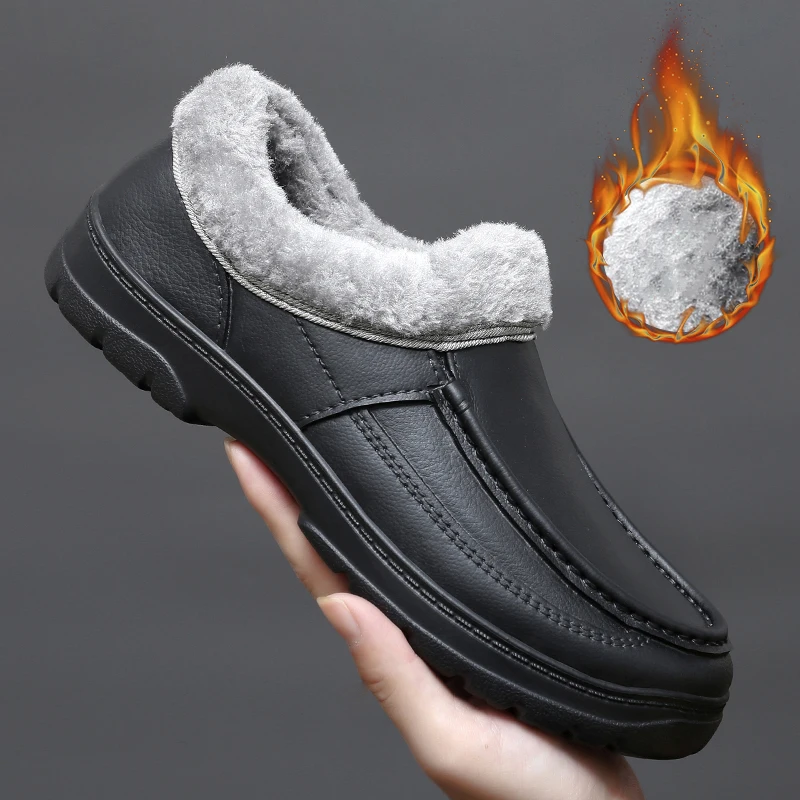 Winter Men Chef Shoes Waterproof Work Shoes Plush Lining Business Driving Shoes Oil Proof Non-slip EVA Slip on Black Size 39-44