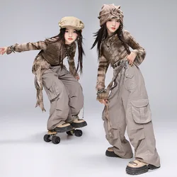 Kid Hip Hop Clothing Distressed Irregular Hem Crop Top T Shirt Gray Casual Wide Cargo Pants for Girl Jazz Dance Costume Clothes