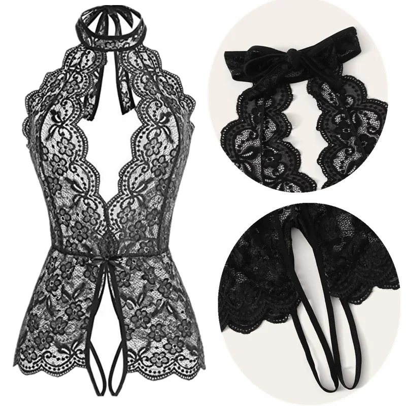 Sexy Lace Cardigan Neck Strap See-through Coat Exotic Embroidered Flower Costume Sleeveless lenceria bodys sexy mujer