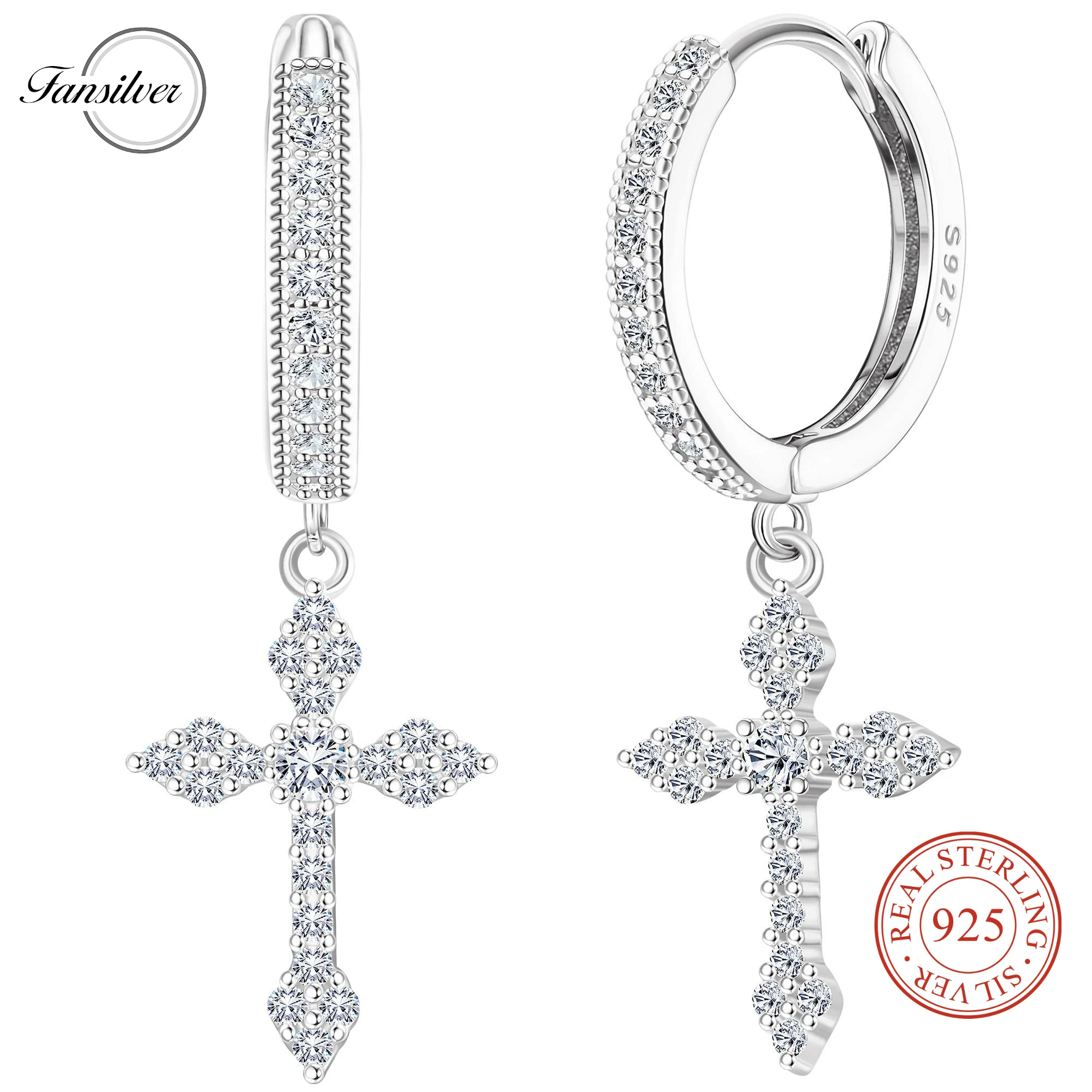 Серьги-крестики Fansilver из стерлингового серебра 925 пробы для женщин и мужчин, изящные серьги-кольца с фианитом, висячие серьги с крестом Iced Out и коробкой