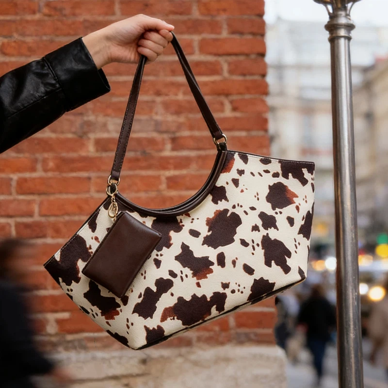 

Сумка-тоут с коровьим принтом, модная ретро-сумка через плечо с маленьким кошельком, брендовая легкая люксовая сумка на плечо, повседневная универсальная сумка для поездок на работу