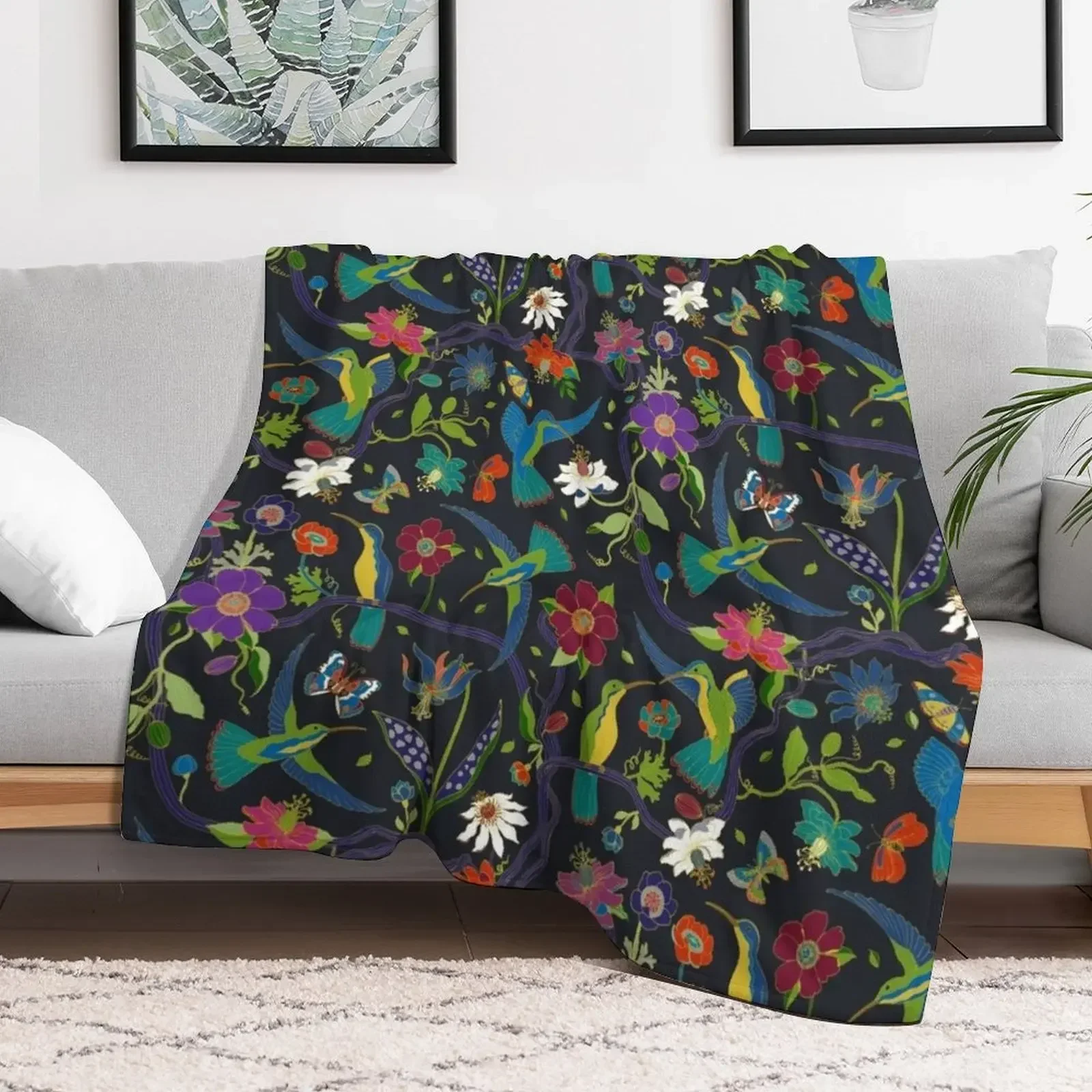 Hummingbirds and Passionflowers - Cloisonne on Black - pretty floral bird pattern by Cecca Designs Throw Blanket Cute Blankets