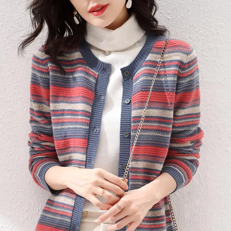 Autumn and Winter Women\'s Round Neck Patchwork Button Striped Sweater Cardigan Fashion Casual Elegant Commuter Long Sleeve Tops