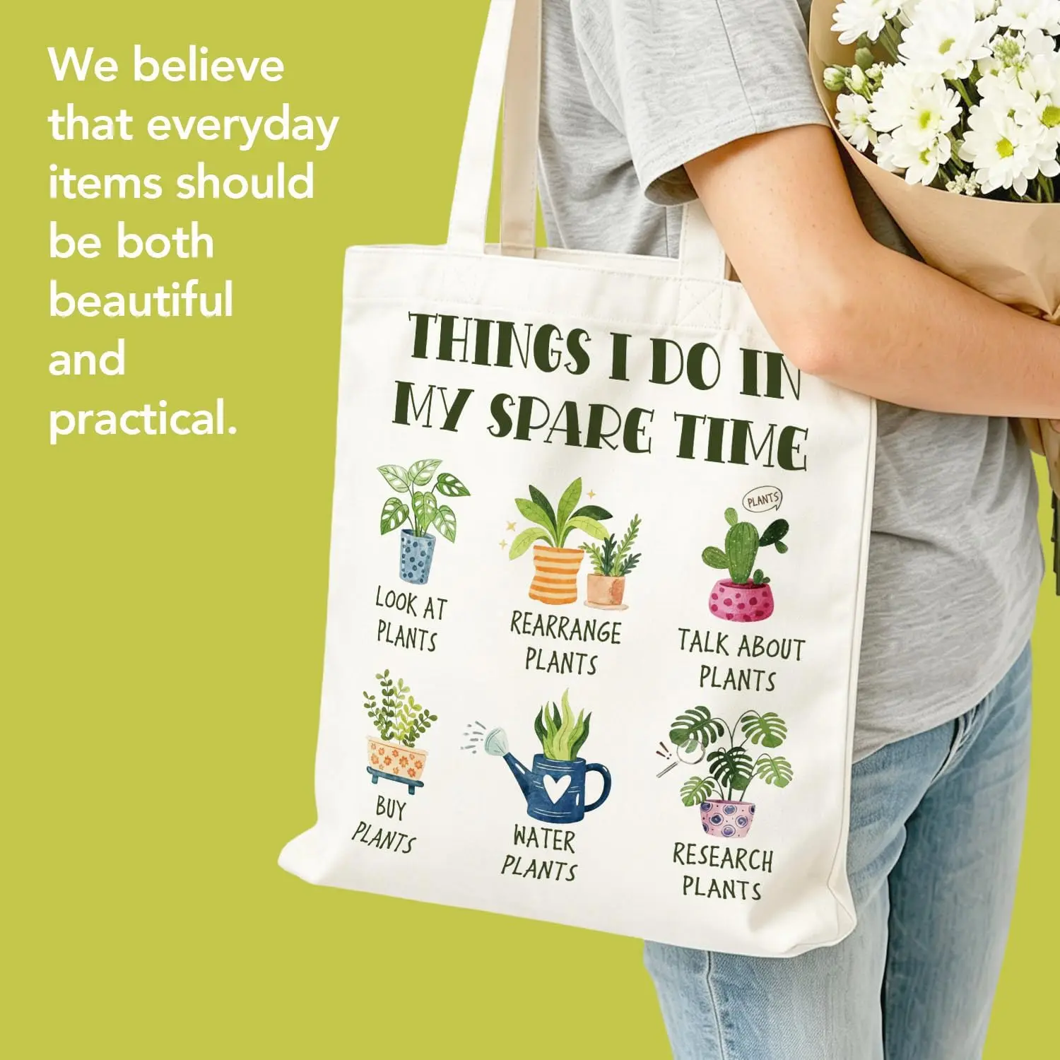 Plant Lover Canvas Tote Bag Funny Houseplant Slogan Print Reusable Eco‑Friendly Women Casual Shoulder Shopping Handbag