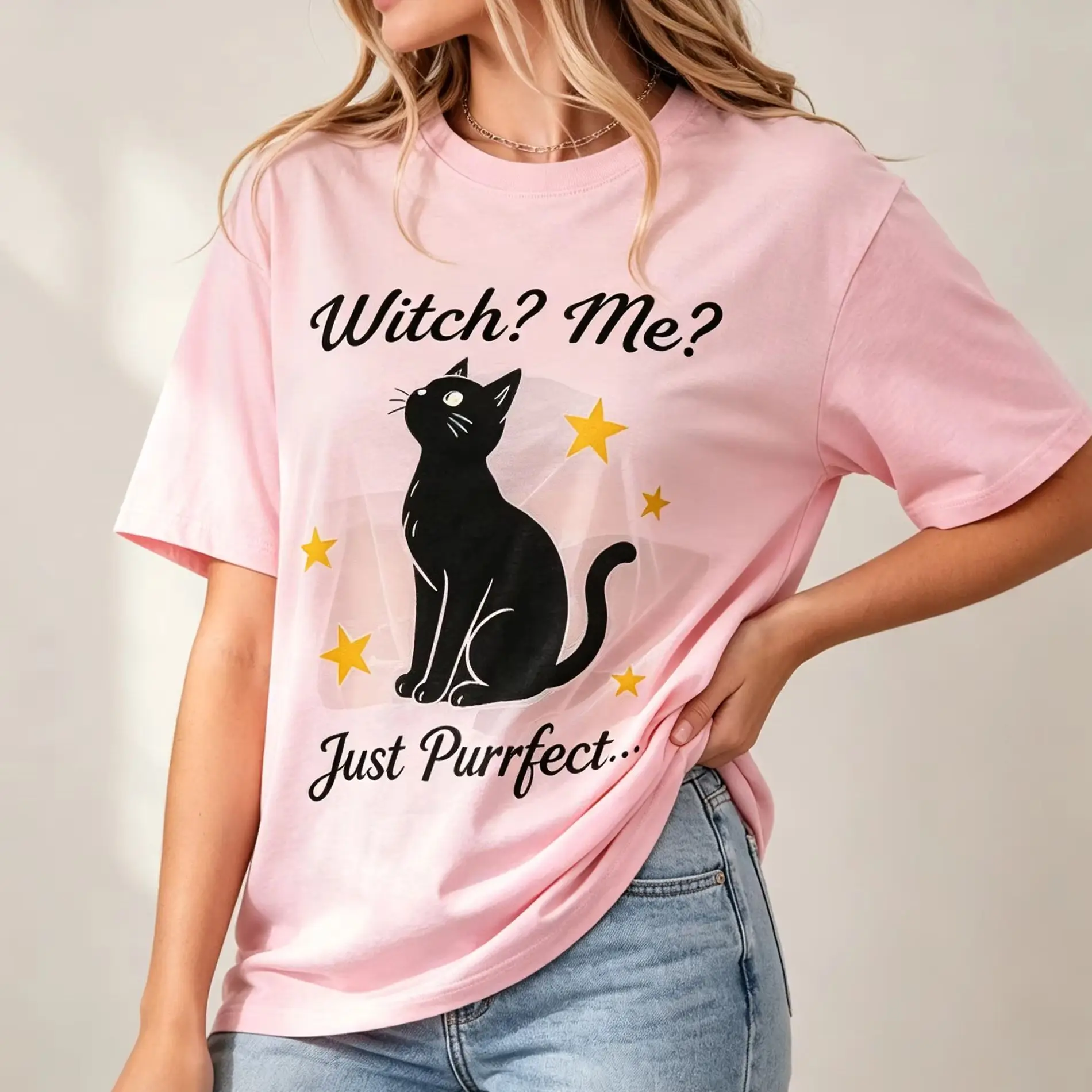 Witch Me Just Purrfect Black Cat Star Letter Graphic T Shirt Women Halloween Short Sleeve Tee