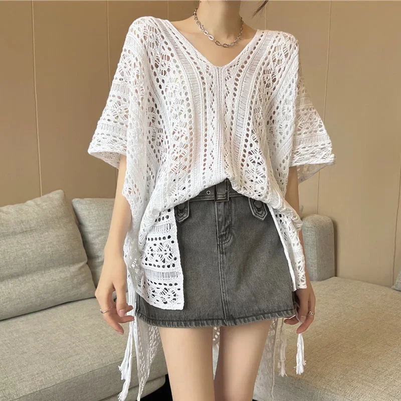 New 2024 Summer Sun Protection Knitted Shirts Women Loose Women\'s Blouse Short Sleeve Woman Long Tops Hollowed Out Clothes 26910