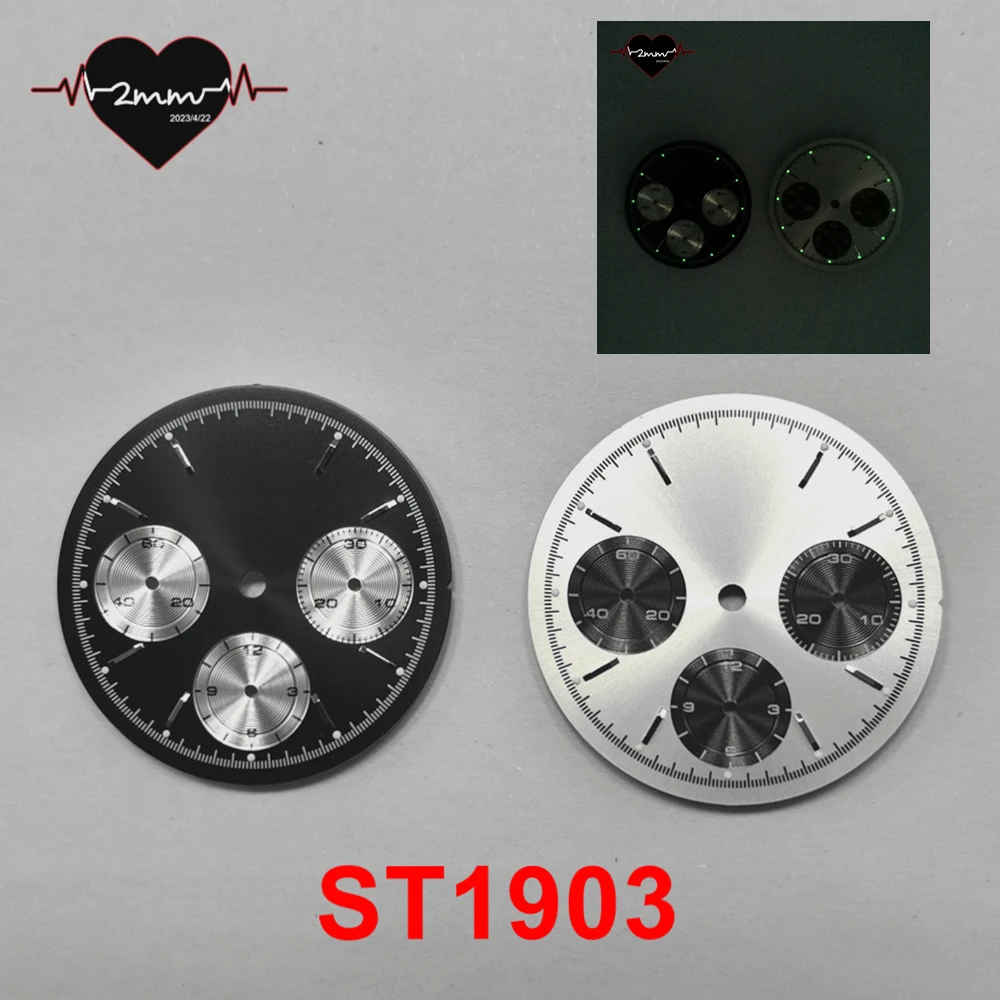 قرص الساعة 30.5 ملم أمة الله ساعة فضية سوداء وجوه قرص فرعي أخضر لوم لحركة ST1903 ST 1903