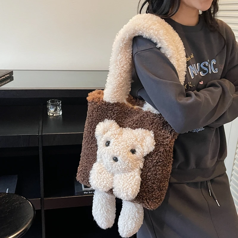 

Japanese Style Kawaii Bag Women Cartoon Plush Shoulder Bag for Women 2025 Winter Lamb Wool Bolsa Feminina Large Capacity Totes