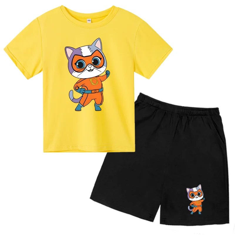 Printed cat Police officer Kids T-shirt Set for Boys and Girls aged 2-12 Casual and  Sports Short Sleeved +Shorts Two-Piece set