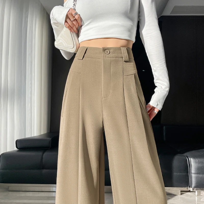 2025 Nowość Wiosna Lato Szerokie nogawki Spodnie dla kobiet Eleganckie Solidne Biuro Lady Koreańskie Kieszenie Damskie Luźne Spodnie Damskie