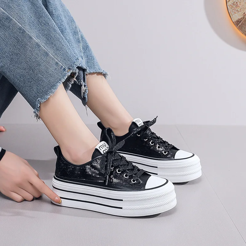 2024 New Women Sequins with Thick Bottom Canvas Shoes Spring/Summer Student Vulcanized Shoes Casual Running Sneakers
