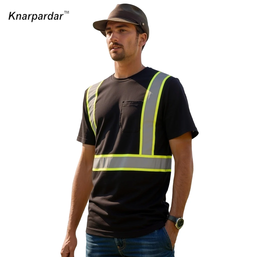 

Новое поступление, мужская черная футболка Hi Vis, светоотражающая защитная рабочая одежда с короткими рукавами, защитная рубашка высокой видимости, рабочая одежда