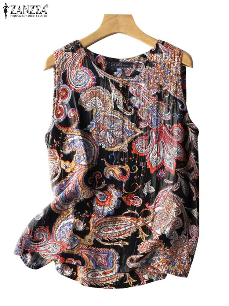 ZANZEA Women Paisley Print Tanks Bohemian Casual Loose Sleeveless Tunic Tops 2024 Summer Holiday Daily Button Up Camis Blusas